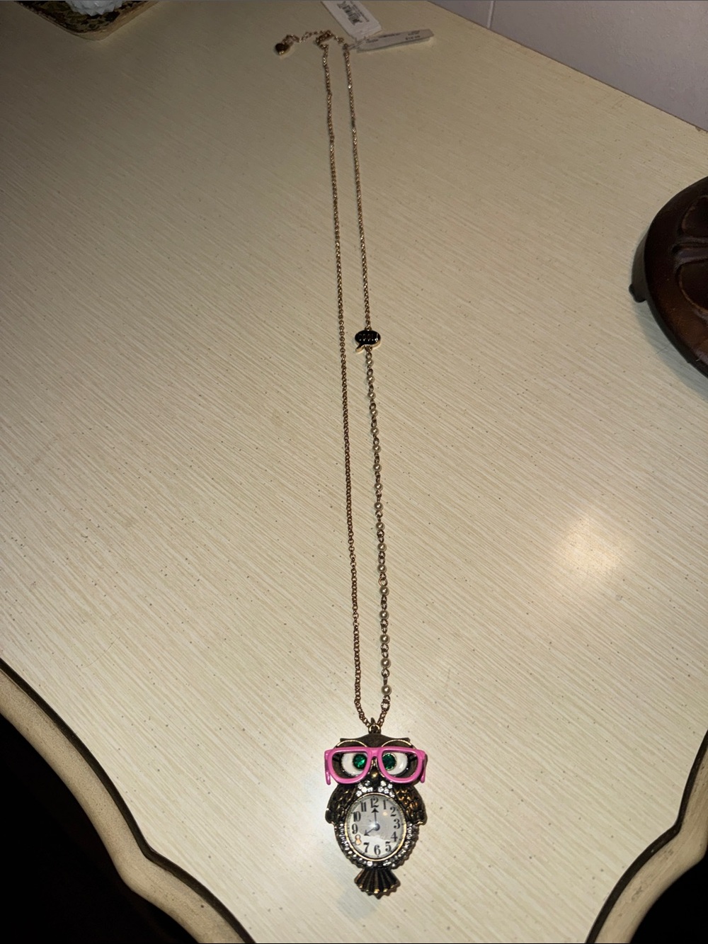 Betsey Johnson Bronze Owl Pendant Watch with Pink Glasses